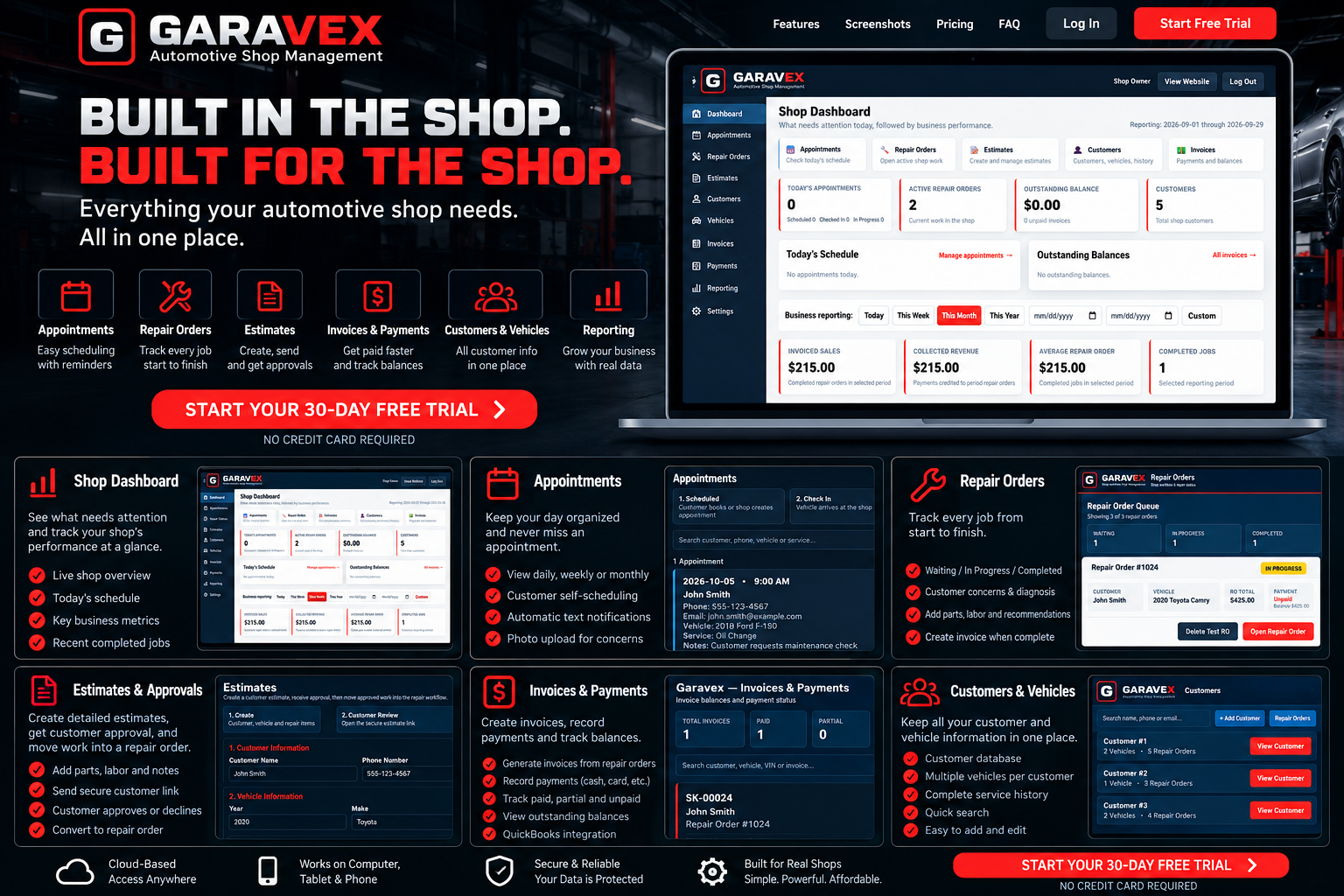 Real Garavex automotive shop management screens including dashboard, appointments, repair orders, estimates, invoices and reporting